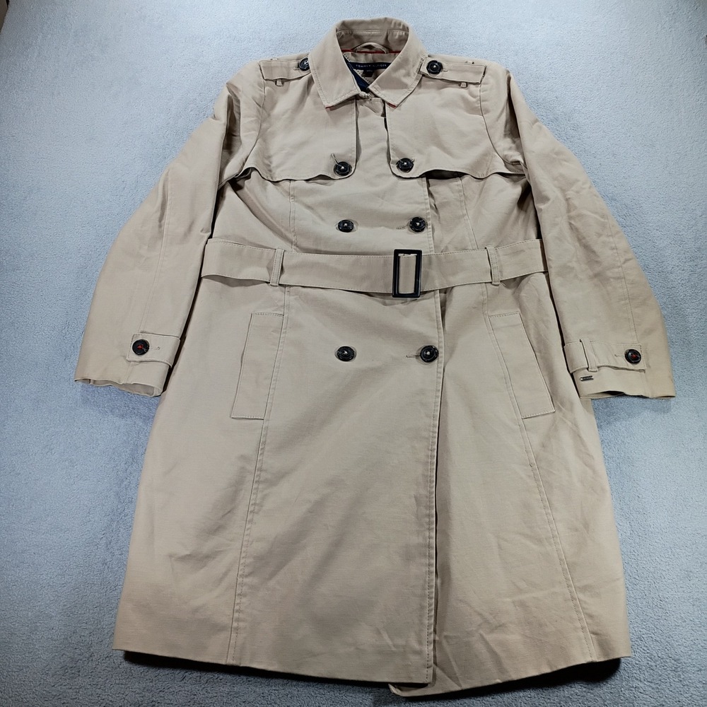 Tommy Hilfiger Women Trench Coat Tan Large Double Breasted Belted